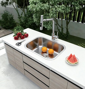 Évier de cuisine rond en acier inoxydable SUS304 brossé satiné, diamètre 428 mm, cuve unique, avec robinet intégré - Product Image 2