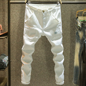 Jeans de mezclilla ajustados para hombre, estilo formal, desgastados, transpirables, impermeables, con detalles de botones, conjunto corto de algodón, azules, rasgados, estilo skinny. - Product Image 6