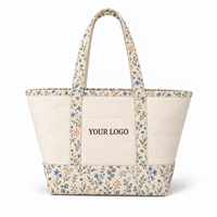 Sac fourre-tout en toile à motifs floraux, patchwork color block, bordure contrastée, grand sac à bandoulière, sac de travail, sac de voyage, sac de plage pour femmes