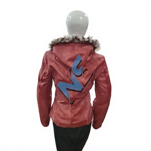 Nabtay Sports Women's Pink Real Leather Thick Bomber <b>Jacket</b> Fur Trim Zipper Closure Winter Coat Regular Length Full Sleeve Solid - Product Image 2