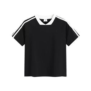 Camiseta recortada de gran tamaño 260gsm, diseño deportivo con cuello en V, Top a rayas ajustado, ropa de calle básica para verano, tejido informal comprimido - Product Image 1