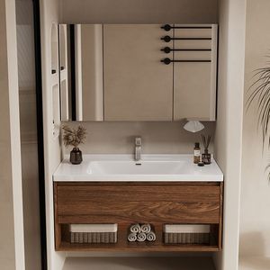 Mueble de Baño de Lujo 2026 en Nogal Negro con <span class=keywords><strong>Diseño</strong></span> Moderno, Lavabo de Cerámica Integrado y Espejo de Baño - Product Image 2