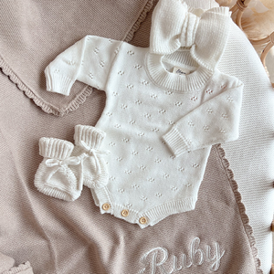 Pointelle Romper rajut, Sweater Romper lengan panjang leher Crew untuk bayi baru lahir - Product Image 4