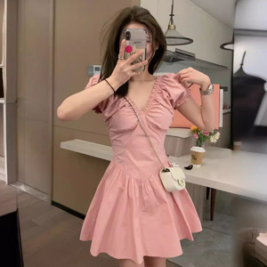 Black V-neck Puff Sleeve Pleated Dress For Women Casual Summer Short Skirt Solid Color Daily Wear - Product Image 2