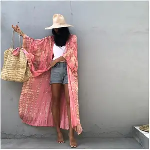 Kimono Beach Women Retro Stripe Boho Printed Tunics Robe de Plage Tie Dye Stripe Open Cardigan Beach Kimono for Bikini Cover