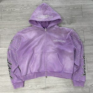 Custom Manufacturer Fade Distressed Boxy <b>Cropped</b> Zipper Streetwear Acid Wash 500gsm Men <b>Zip</b> <b>Up</b> Heavyweight Rhinestone <b>Hoodie</b> - Product Image 4