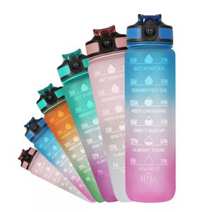 Gradient Motivational Water Bottle with Time Marker Straw, Leakproof BPA Free Reusable Water <b>Jug</b> for Fitness, Office, School - Product Image 1