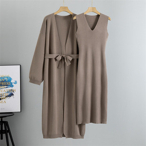 Conjunto de duas peças feminino elegante moda vestido abaya muçulmano malha <span class=keywords><strong>Cardigan</strong></span> jaqueta colete sem mangas longo vestido casual robe - Product Image 1