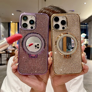 Étui pour iPhone 12 13 14 15 16 Pro Max avec miroir de maquillage en diamant pailleté et support de protection magnétique à chargement sans fil - Product Image 1