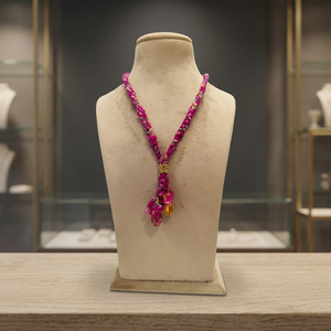 Sstringz Fuchsia Pink <b>Braided</b> Fabric Necklace with Crystal Drop Charms, Gold Accent Detail and Handmade Boho Fashion Jewelry - Product Image 3