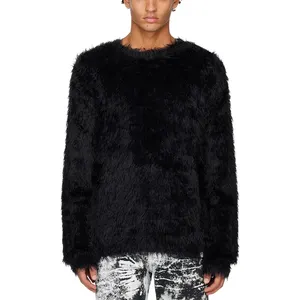 FYB Custom Imitation Marten Hair Black Crew neck Sweater 100% Polyamide Shag Knit Nylon Fluffy Furry Sweater