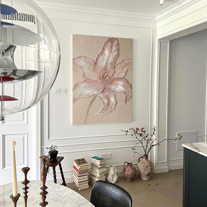 Peinture à l'huile 3D texturée épaisse, Lys rose peint à la main, Effet nacré scintillant, Art floral sur toile, <span class=keywords><strong>D</strong></span>écoration murale crème Wabi Sabi pour chambre à coucher - Product Image 4