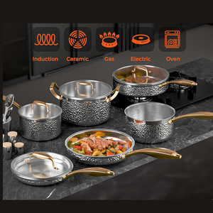 Juego de utensilios de cocina de acero inoxidable martillado triple de alta calidad de diseño clásico de 10 piezas, ollas y sartenes sin revestimiento - Product Image 5