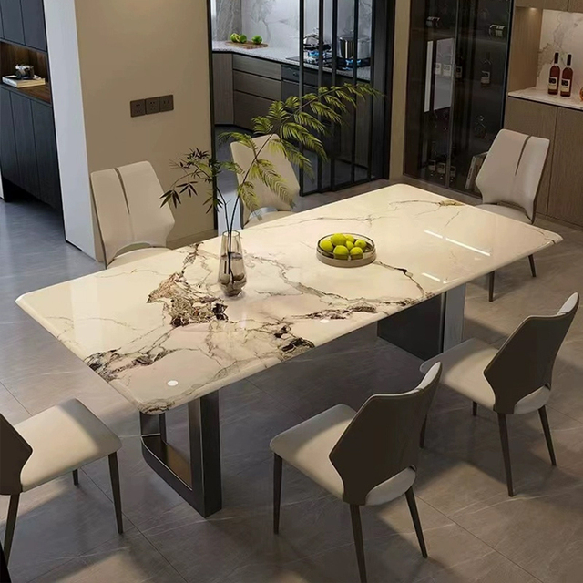 Modern Stainless Steel Round Dining Table and Chair Set with Marble Top 6-Seater Durable for Hotel Restaurant Apartment Use