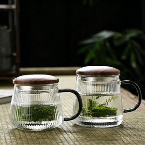 Taza de Té de Vidrio de Borosilicato Alto con Infusor y Tapa de Madera, Taza de Té Resistente al Calor con Rayas Verticales para Oficina y Hogar - Product Image 5
