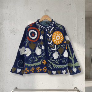 Vintage Velvet Suzani Bomber Jacket Handmade Embroidered <b>Reversible</b> Floral Pattern Boho Short <b>Coat</b> Ethnic Wear Spring Autumn - Product Image 2