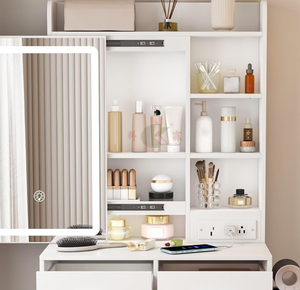 Petit coiffeuse moderne avec miroir LED réglable, prises de courant intégrées, rangements, tabouret, tiroirs et étagères pour chambre à coucher - Product Image 3