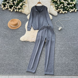 Traje informal de dos piezas para mujer, Top de manga larga con cuello y pantalones de cintura alta, conjunto de 2 uds barato para mujer - Product Image 1