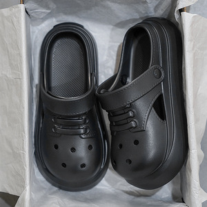 Summer Platform <b>Clogs</b> For Men 4Cm Heel Black Solid Color Slip On Beach Sandals - Product Image 3