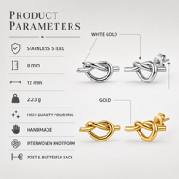 Boucles d'oreilles clous en forme de nœud en acier inoxydable couleur or 12 mm, faites à la main, polies, minimalistes, bijoux de mode pour femmes, vente en gros