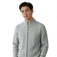 Cardigan Homme Automne & Hiver, Noir, Tricot Côtelé, Col Montant Zippé, Coupe Slim, Polyvalent et Chaud