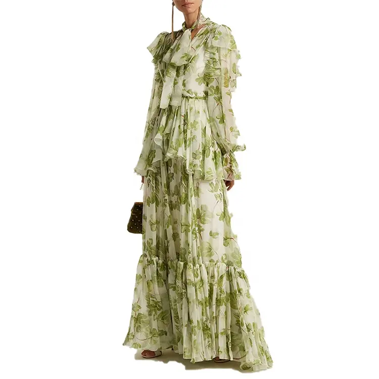 2021 Fashion Style Women Elegant Floral Print Casual Chiffon Maxi Long Dress