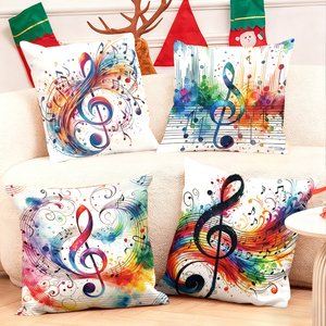 Colorful musical note throw pillows decorate cozy living room with festive holiday stockings and reindeer antlers - Product Image 1