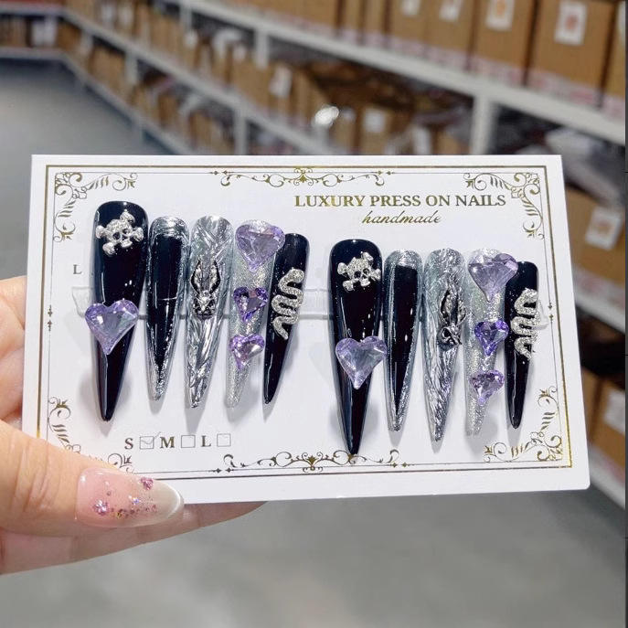 10 Piece Long Coffin Handcrafted False Nails Extensions Snake-Style 3D Design Silver Press on Type Artificial Fingernails