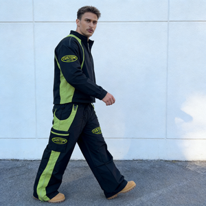Tute da Uomo Trendy Nere e Verde Neon con Giacca con Cappuccio e Zip, <span class=keywords><strong>Pantaloni</strong></span> a Gamba Larga, Logo Personalizzato, Tasche Funzionali, Tute Oversize - Product Image 4