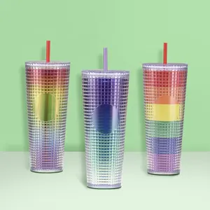 2024 nuovo stile a doppia parete bottiglia di acqua acrilica 710ml grande capacità Rainbow Tumbler Laser tazza di plastica per feste Tumbler con paglia