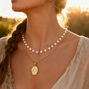 <b>Cross</b> Pendant Necklace 18K Gold Plated Diamond Set Round Geometric Design Retro Style Simple Elegant Layered Clavicle <b>Chain</b> - Product Image 2