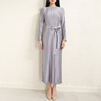 Nouvelle Robe Plissée Miyake en Polyester de Haute Qualité 2026 pour Femme, Manches Longues, Col Rond Ample, Ceinture, Robe Élégante