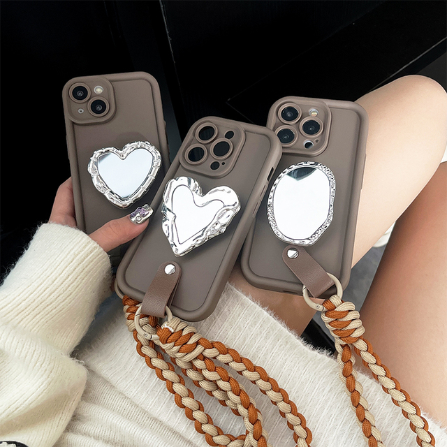 TPU Soft Solid Color Phone Case with Woven Wrist Strap Electroplated Heart-Shaped Mirror for iPhone 16 15 Pro Max 14 17
