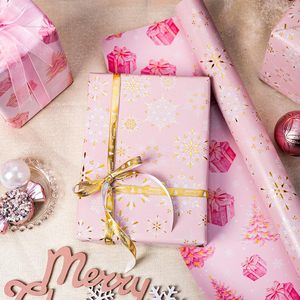 Reversible Christmas <b>Wrapping</b> <b>Paper</b> Roll 17x33 Feet Pink Gold Snowflake Tree Design Gift Craft Use - Product Image 5