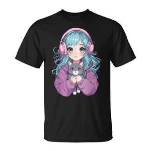 Camiseta japonesa Kawaii con diseño de gato y chica anime para mujeres y niñas, manga corta, cuello redondo, impresión digital - Product Image 1