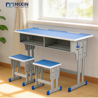 Table d'école en métal avec chaise, ensemble de mobilier scolaire moderne, plateau en bois bleu avec fente pour stylo, acier thermolaqué pour utilisation en classe