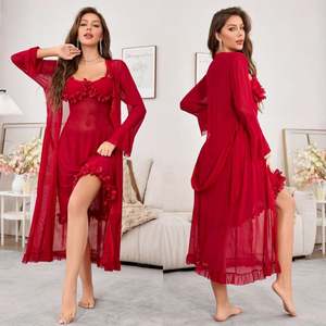 Sfy3891 Valentine's Day Sexy V-neck <b>Elastic</b> Waist Full Length <b>Lace</b> Robe Set Bridal Wedding Pajama Gown - Product Image 1
