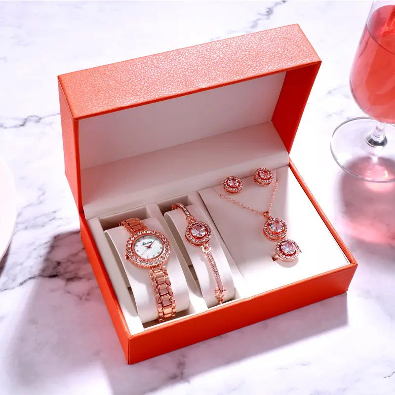 2022 модный браслет с подвесками из розового золота с цирконом, подарочный набор часов, ожерелье и набор часов со стразами для женщин