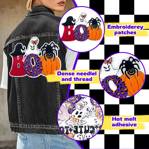 Benutzer definierte Halloween Ghost Patch Set Bestickte BOO Kürbis Spinne Friedens zeichen PVC Aufbügeln Handtuch Chenille Applique für Kleidung Hüte - Product Image 6