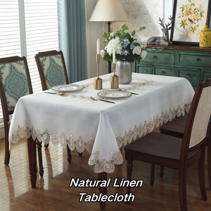 Venta al por mayor de moda impermeable rectángulo bordado mantel de lino blanco para el hogar - Product Image 1