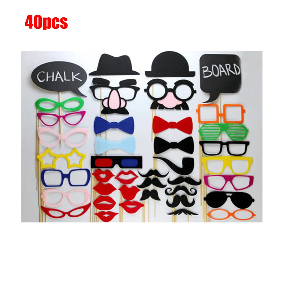 New 40Pcs Party Props for Photo Booth Birthday Wedding Prom DIY Funny Costumes Mustache Glasses Mouth Bowler on a Stick