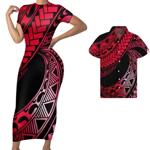 ชุดเดรสยาวแขนสั้นลาย Polynesia สีแดงแนววินเทจชุดเดรสเกาะแปซิฟิกสำหรับผู้หญิงและเสื้อเชิ้ต