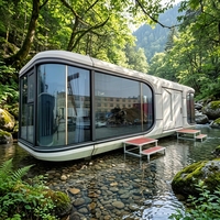 Capsule spatiale préfabriquée autonome, maisonnette contemporaine avec panneaux solaires, isolation en laine de roche, mobile, pour glamping, salon et chambre