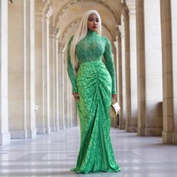 Nouvelle Collection Été 2026 – Ensemble 2 Pièces Imprimé en Maille : Haut à Col Montant et Manches Longues, Jupe Longue Moulante Froncée – Robe Élégante Verte