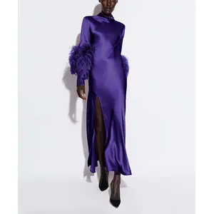 Satin Bias Feather Dress With Slit design high quality custom feather dress maxi long dresses