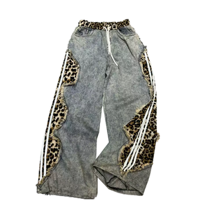 Jeans Anchos de Hip Hop al por Mayor para Hombre, Pantalones Largos Grises Lavados con Contraste Lateral y Efecto Desgastado, Estilo Urbano - Product Image 1