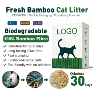 Litière pour chat en bambou naturel, sans poussière, agglomérante, 100% biodégradable, jetable dans les toilettes, à base de plantes, pour la vente en gros OEM ODM - Product Image 1
