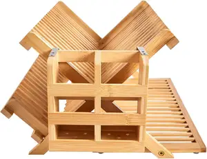3层大型折叠干燥架木制碗碟排水架，用于厨房柜台可折叠竹子可折叠环保厨房
