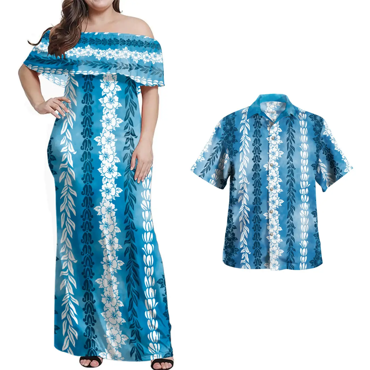 Hawaii tropikal çiçek Puakenikeni baskı yaz kapalı tek omuzlu elbise kadın Maxi elbise ve gömlek uygun indirim ile Set