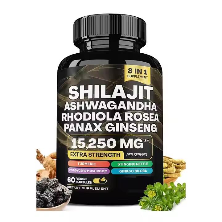 OEM/ODM Shilajit капсулы чистый хималаян шиладжит с Ashwagandha Panax женьшень родиола розовые добавки иммунитета и энергии